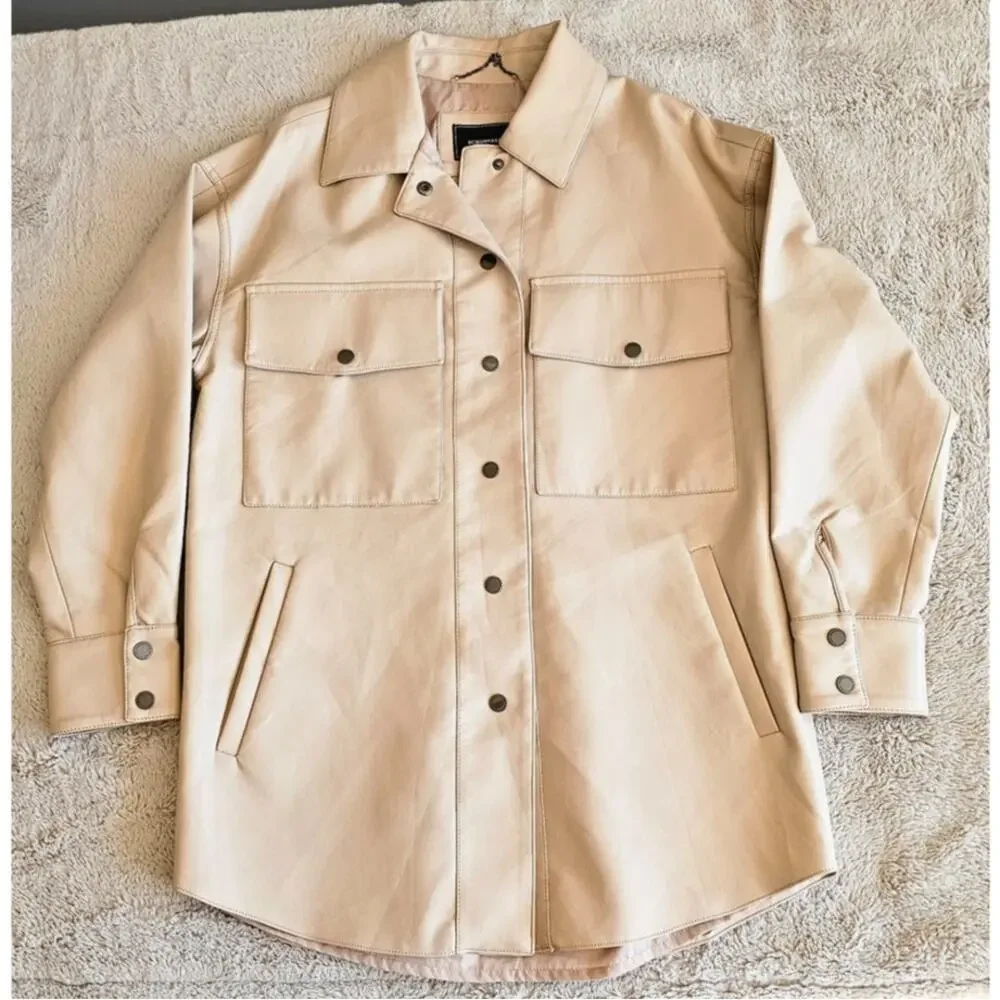 BCBGMAXAZRIA Faux-Leather Shirt Jacket Tan Oversized Fit Womens Sz S